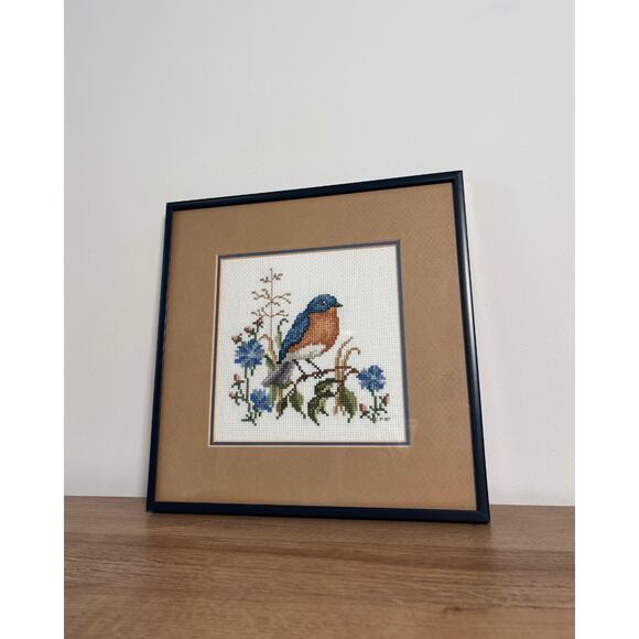 Vintage Framed Bluebird Cross-Stitch Art Handmade Bird & Floral 1987 - Picture 1 of 4